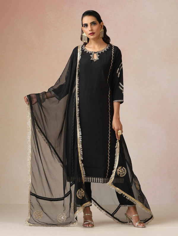 trueBrowns Black Embroidered Kurta Pant Dupatta Set