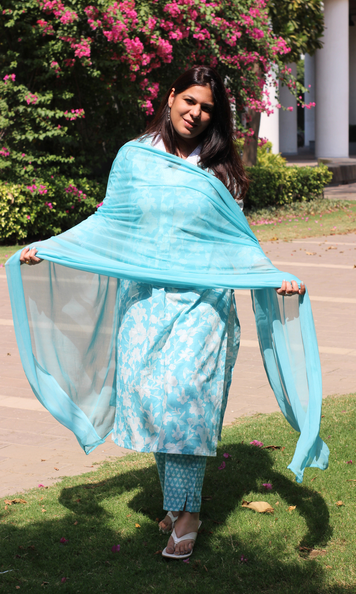 Baareeki Cotton Blue Botanika Printed Suit with Chiffon Dupatta
