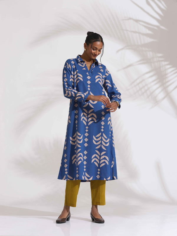 trueBrowns Blue Cotton Stripe Print Kurta Set
