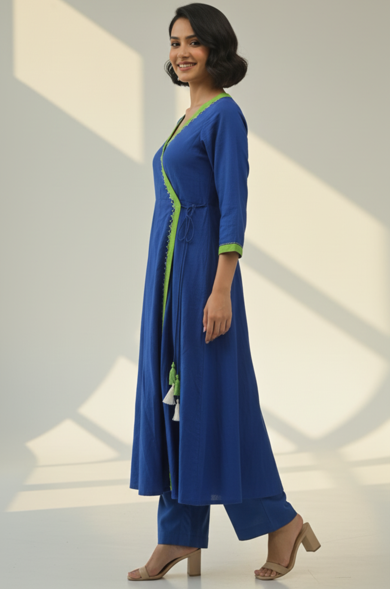 Maati  Lime Lagoon Tie-Up Cotton Angrakha Kurta