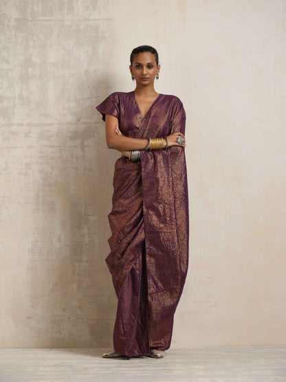 trueBrowns Purple Gold Metallic Ready To Wear Saree