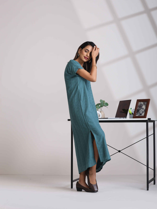 trueBrowns Turquoise Cotton Dobby Dress
