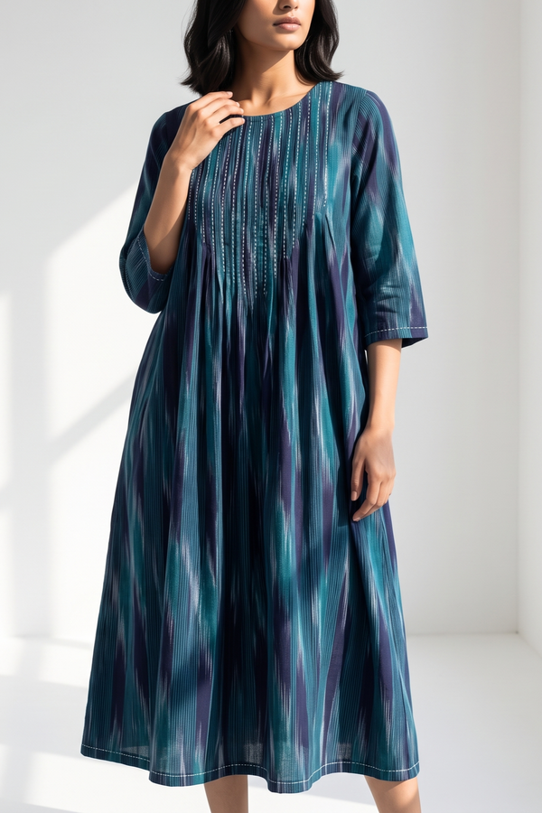Peacock Weave Daimond Ikat Cotton Kurta Top With Pintuck