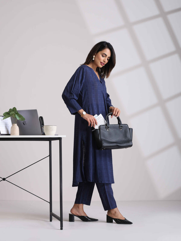 trueBrowns Blue Cotton Dobby Kurta Pant Set