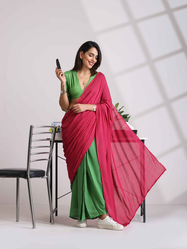 trueBrowns Green Pink Muslin Silk Pre-Stitched Saree