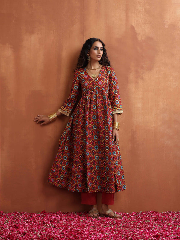 trueBrowns Maroon Print Flared Anarkali Kurta Set