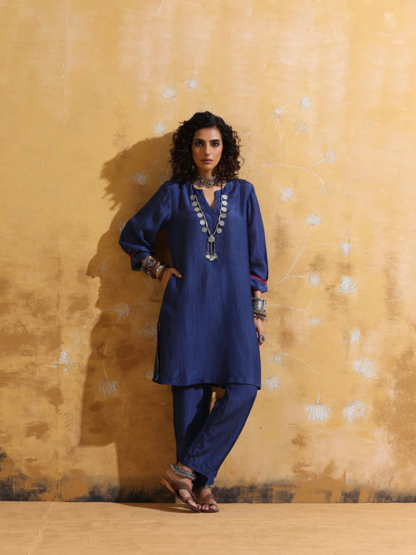 trueBrowns Blue Muslin Silk Relaxed Kurta Co-ord Set LP