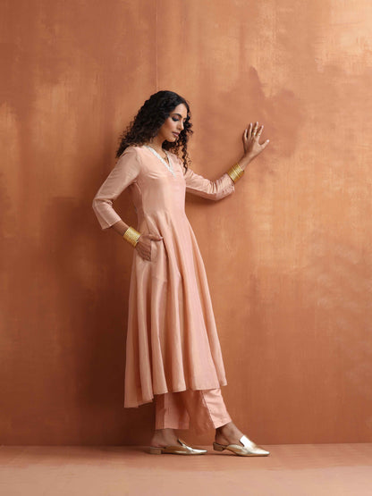 trueBrowns Blush Pink Tissue Flared Anarkali Kurta Set