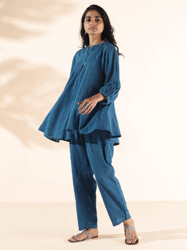 trueBrowns Blue Cotton Dobby Yoke Co-ord Set