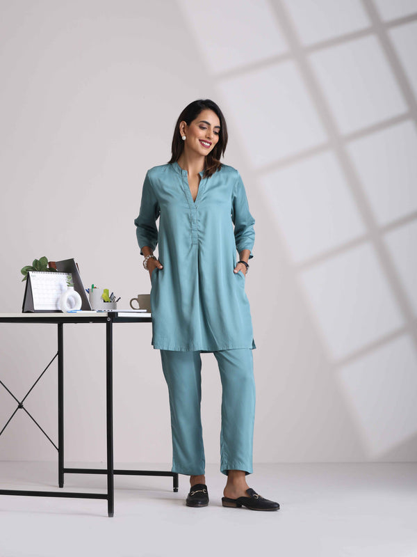 trueBrowns Light Blue Modal Straight Kurta Co-ord Set
