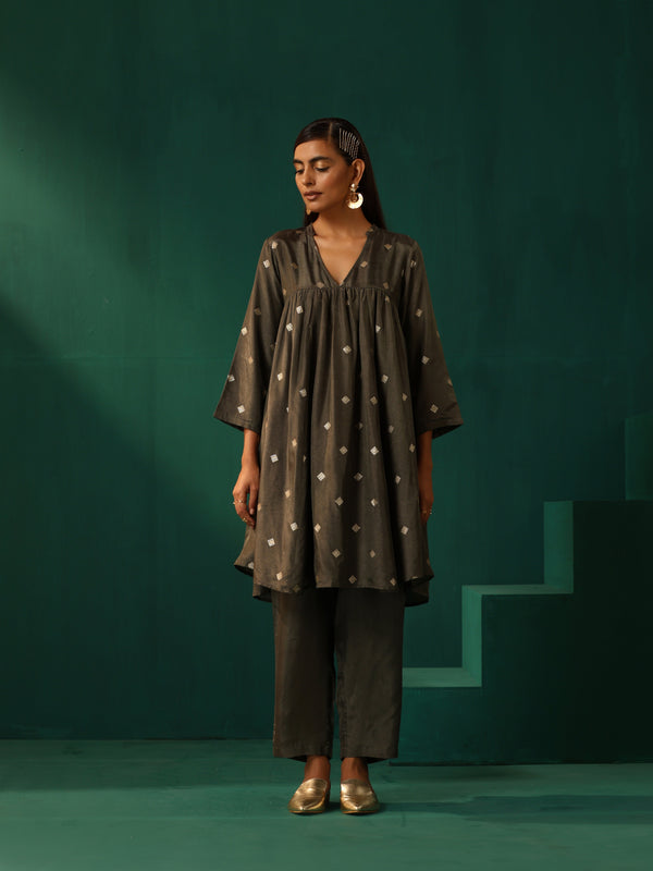 trueBrowns Grey Diamond Viscose Silk Yoke Gathered Co-ord Set