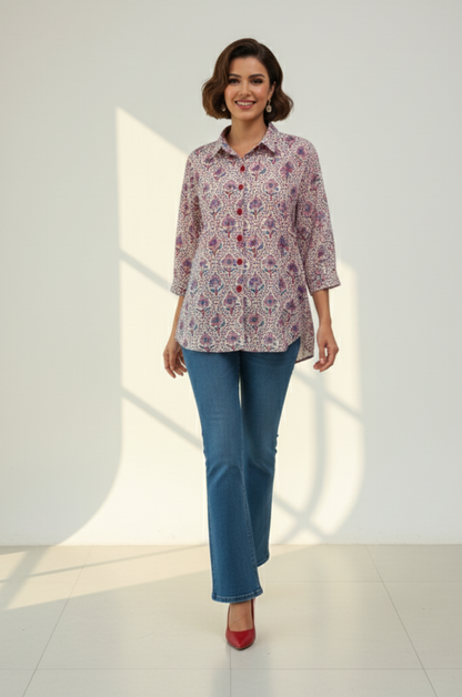 Maati  Floral Symphony Handblock Printed Everyday Cotton Shirt