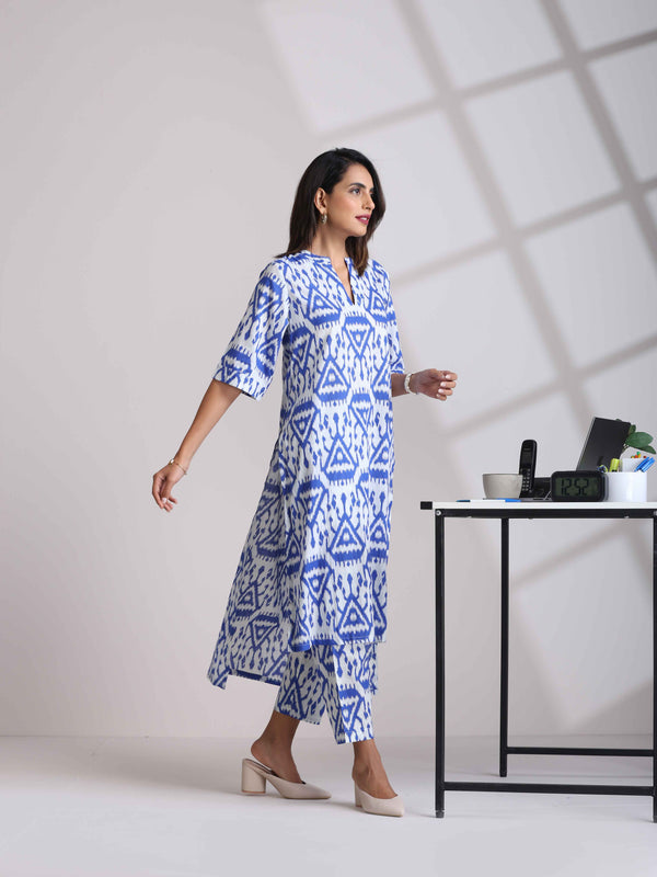 trueBrowns Blue Cotton Ikat High-Low Kurta Pant Set