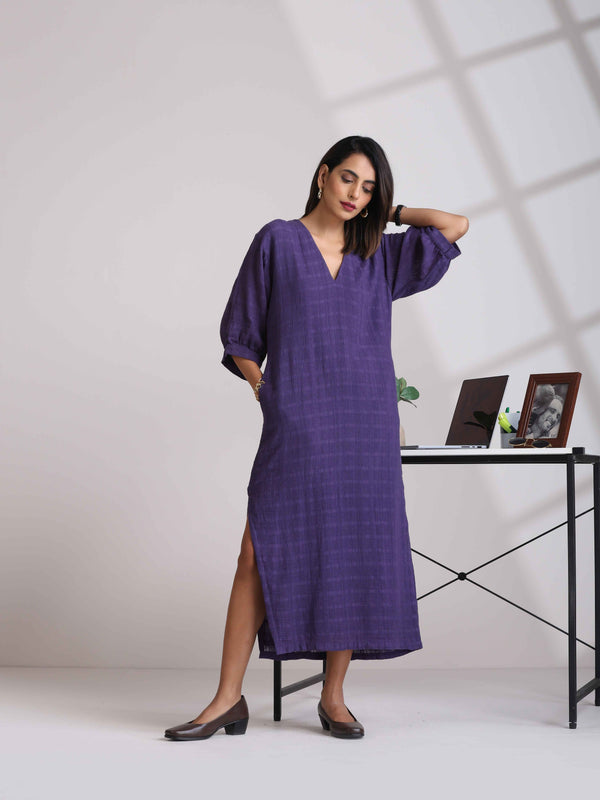 trueBrowns Purple Cotton Dobby Slit Dress LP