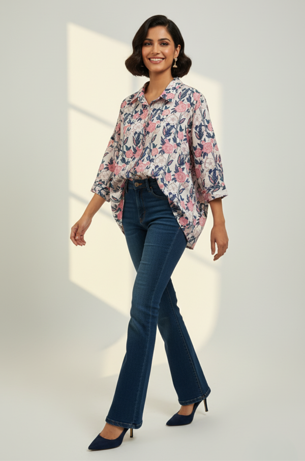 Maati  Soft Blossom Handblock Printed  Everyday Cotton Shirt