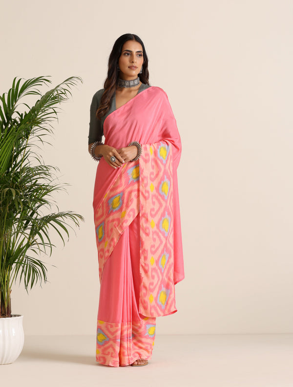 trueBrowns Pink Lime Muslin Ikat Ready to Wear Saree