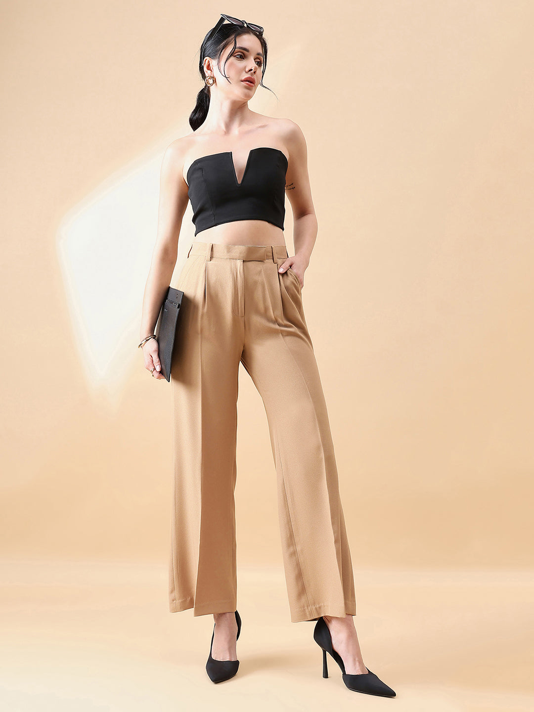 High Waist Straight Trouser - Beige