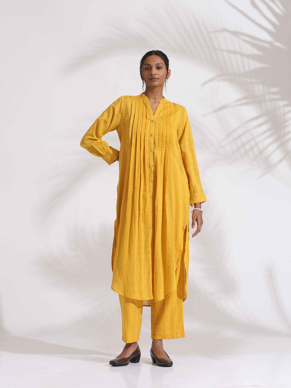 trueBrowns Yellow Cotton Pleated Shirt Kurta Set