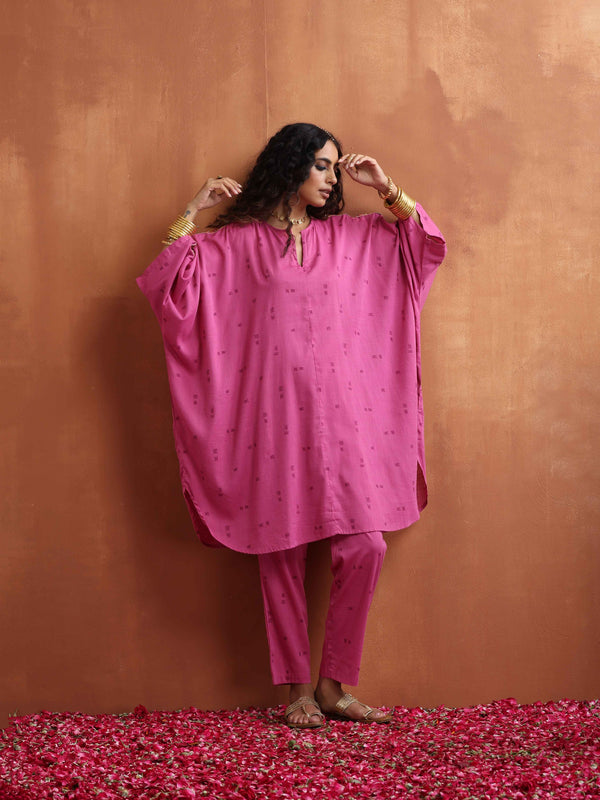 trueBrowns Pink Print Kaftan Kurta Co-ord Set