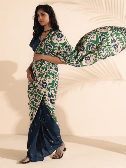 trueBrowns Green Blue Muslin Ikat Ready to Wear Saree