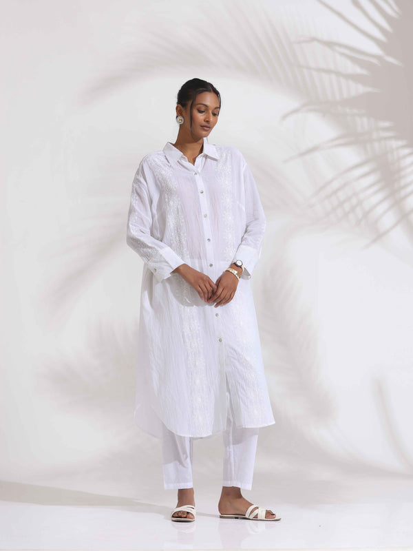 trueBrowns White Cotton Schiffli Shirt Kurta Set