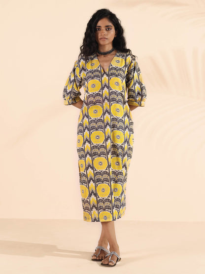 trueBrowns Yellow Cotton Ikat Slit Dress