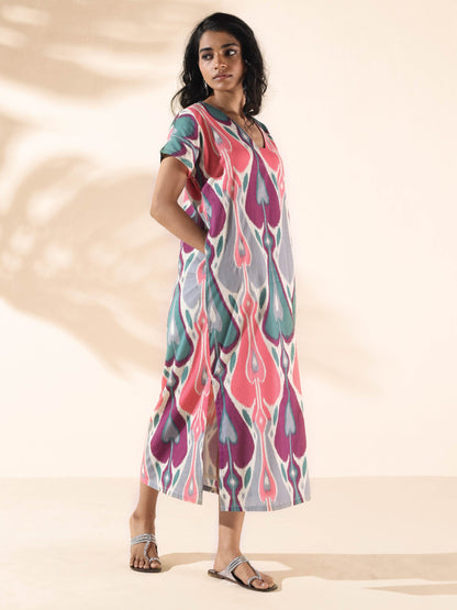 trueBrowns Green Cotton Ikat Slit Dress