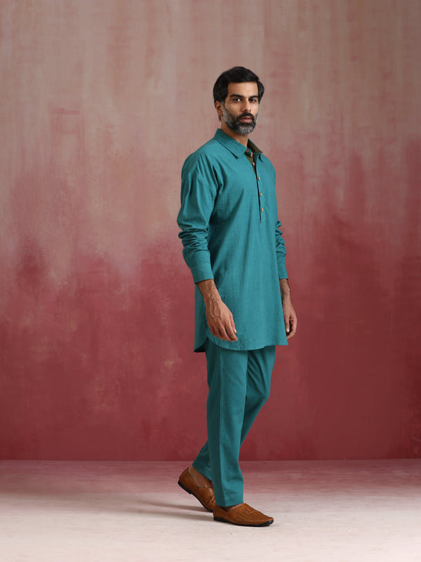 trueBrowns Men's Teal  Cotton Shirt Collar Stylized Kurta Co-ord set