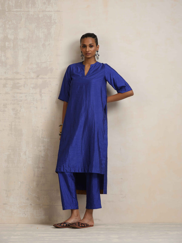 trueBrowns Blue Silk High Slit Kurta Set