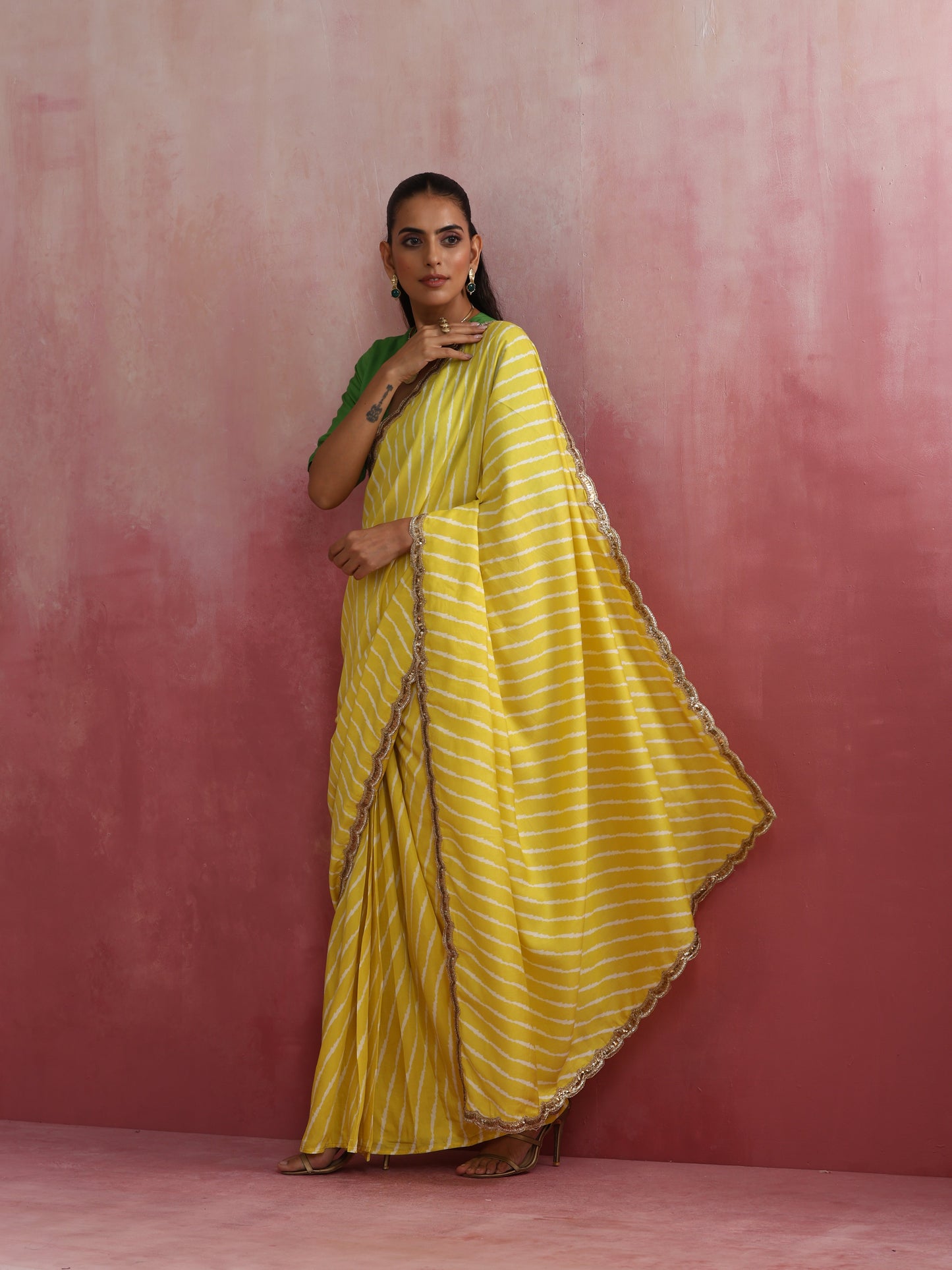 trueBrowns Lime Muslin Silk Ready To Wear Saree