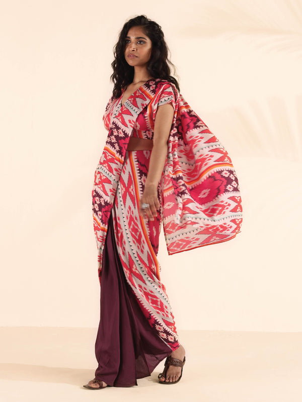 trueBrowns Maroon Muslin Ikat Ready to Wear Saree