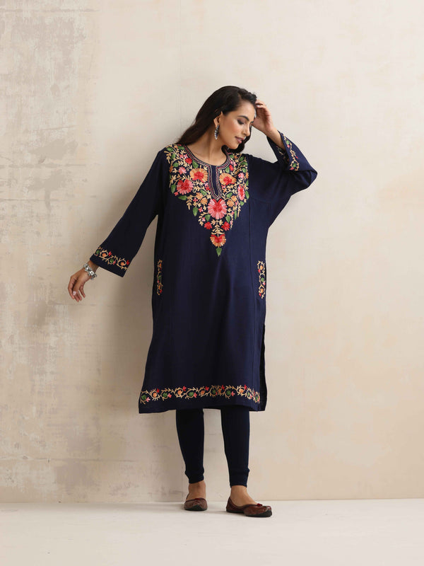 trueBrowns Blue Floral Embroidered Woollen Phiran Kurta