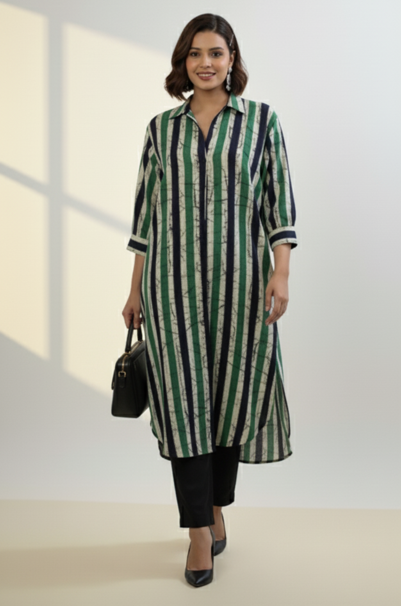 Maati  Jade Bands Cotton Collar Box Pleat Kurta