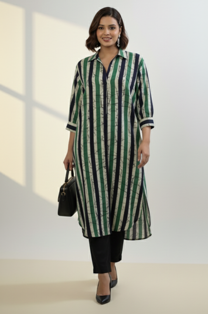 Maati  Jade Bands Cotton Collar Box Pleat Kurta