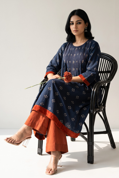 Navy Floral Bunch Cotton Kurta Top With Pintuck Mc