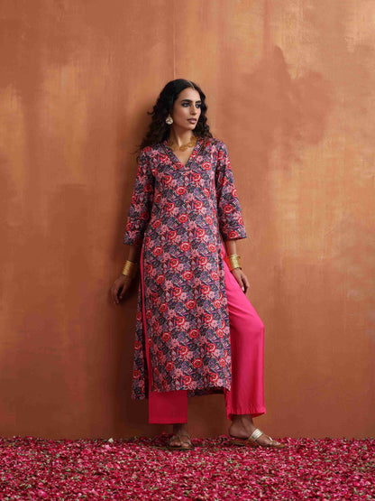 trueBrowns Pink Print High Slit Kurta Set