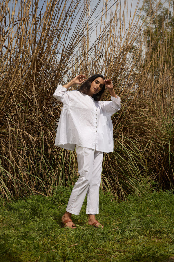 trueBrowns White Cotton Embroidered Relaxed Co-ord Set