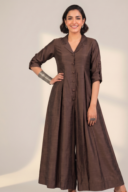 Coffee Bean Silk Slub Jumpsuit With Pockets & Collar Mc