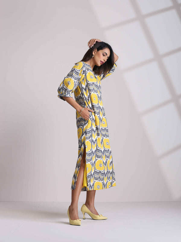 trueBrowns Yellow Cotton Ikat Slit Dress