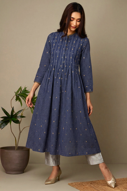 Moroccan Blue Butti Checks Cotton Infinity Pintuck Dress Mc
