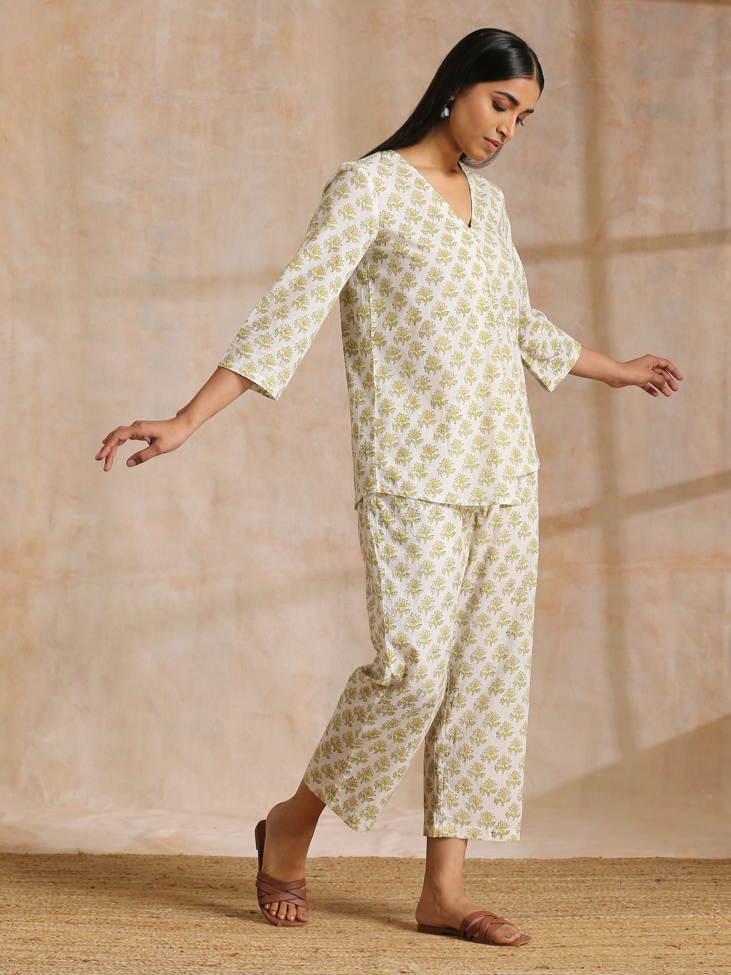 Green Buta On Off-White Block Print Cotton Co-Ord Set