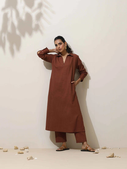 trueBrowns Brown Cotton Kurta  Pant Set