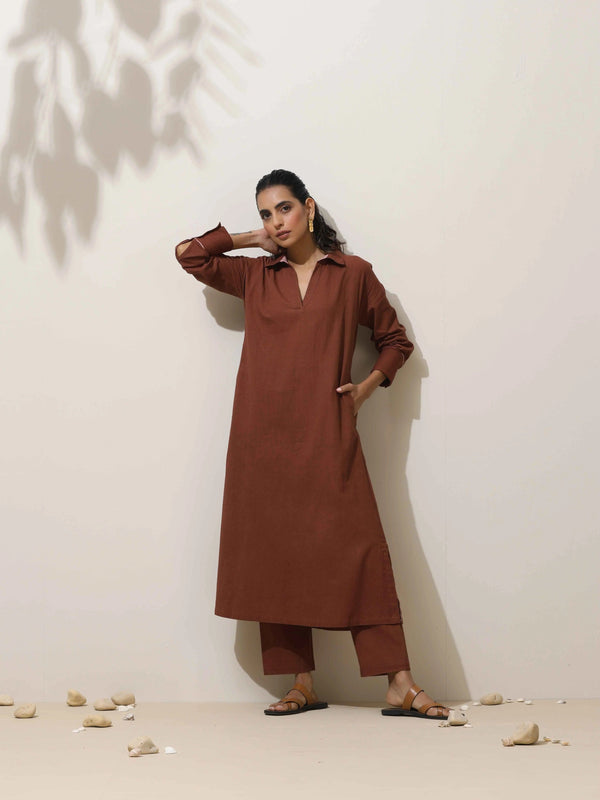 trueBrowns Brown Cotton Kurta  Pant Set
