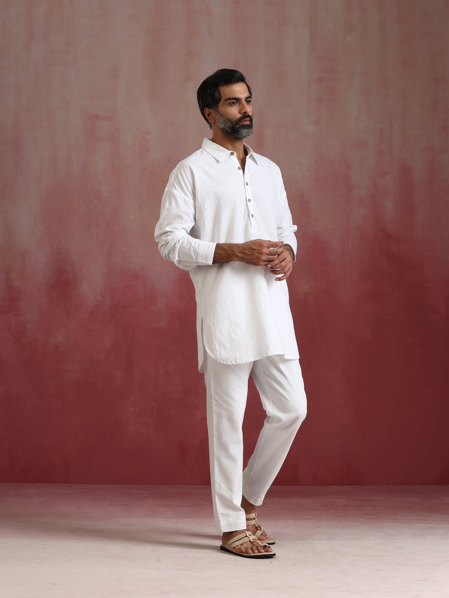 trueBrowns Men's White Cotton Shirt Collar Stylized Kurta Co-ord set