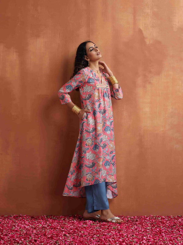 trueBrowns Orange Print A-line Kurta Set