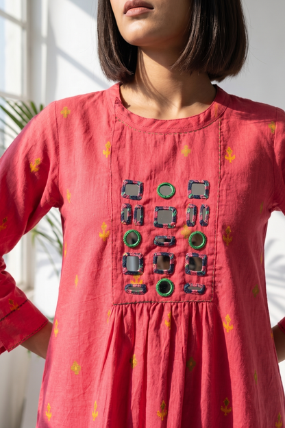 Pink Jewel Butti Zen Yoke Gather Cotton Kurta Top