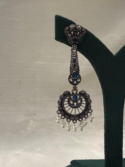 Oxidised Metal Circular Hanging Earrings with Blue Stone & White Beads