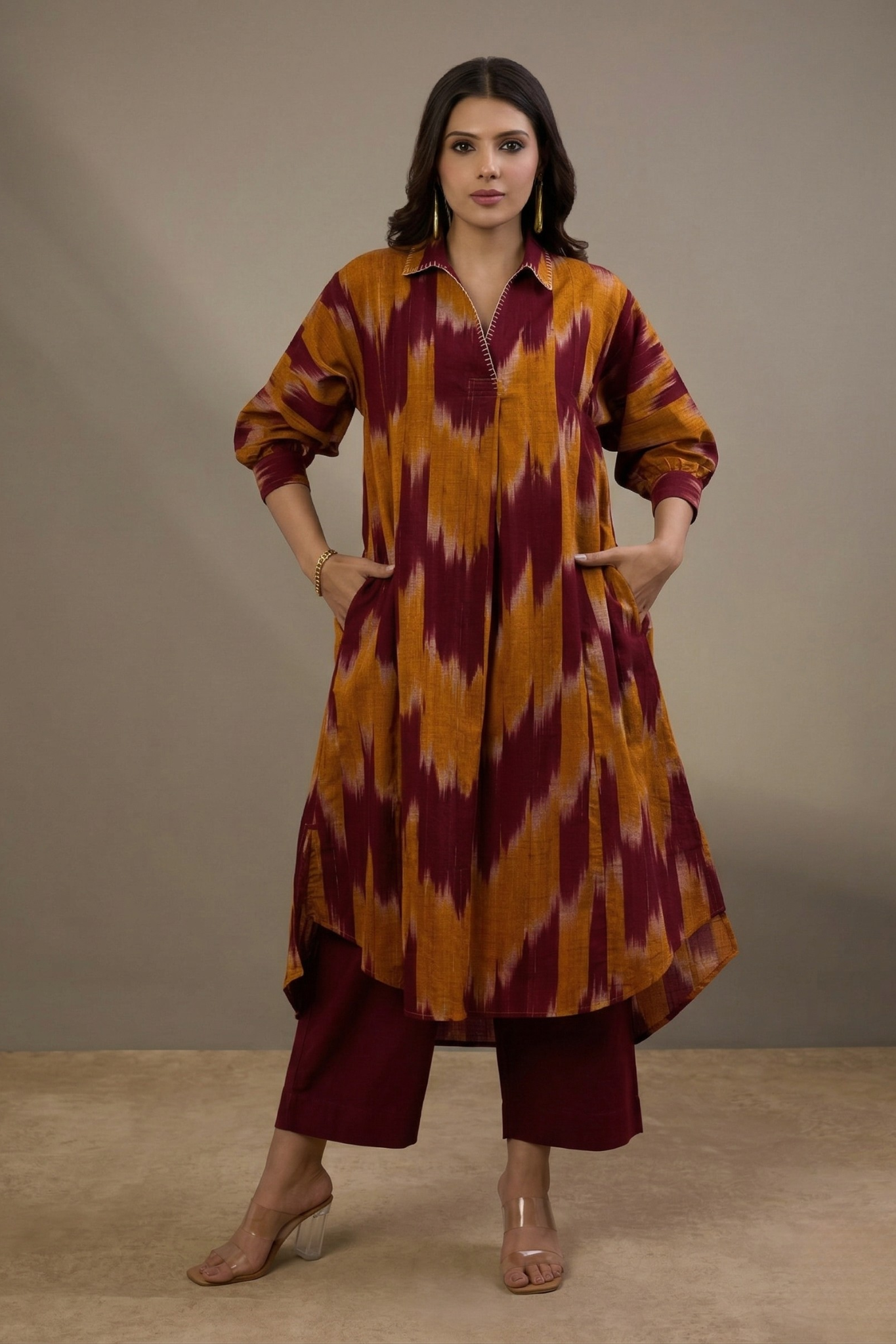 Burnt Sienna Gold Ikat Cotton Collar Box Pleat Kurta Top Mc