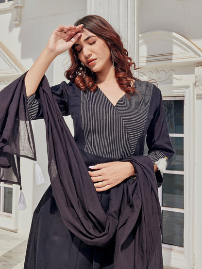 Black Cotton Slub Kurta,Pant and Dupatta 3PCS Set - LP