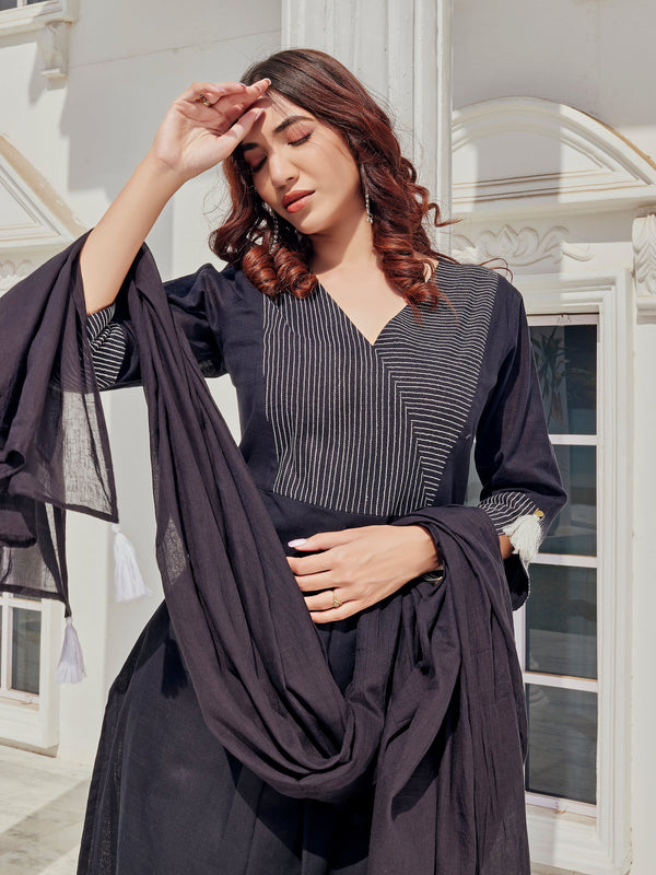 Black Cotton Slub Kurta,Pant and Dupatta 3PCS Set - LP